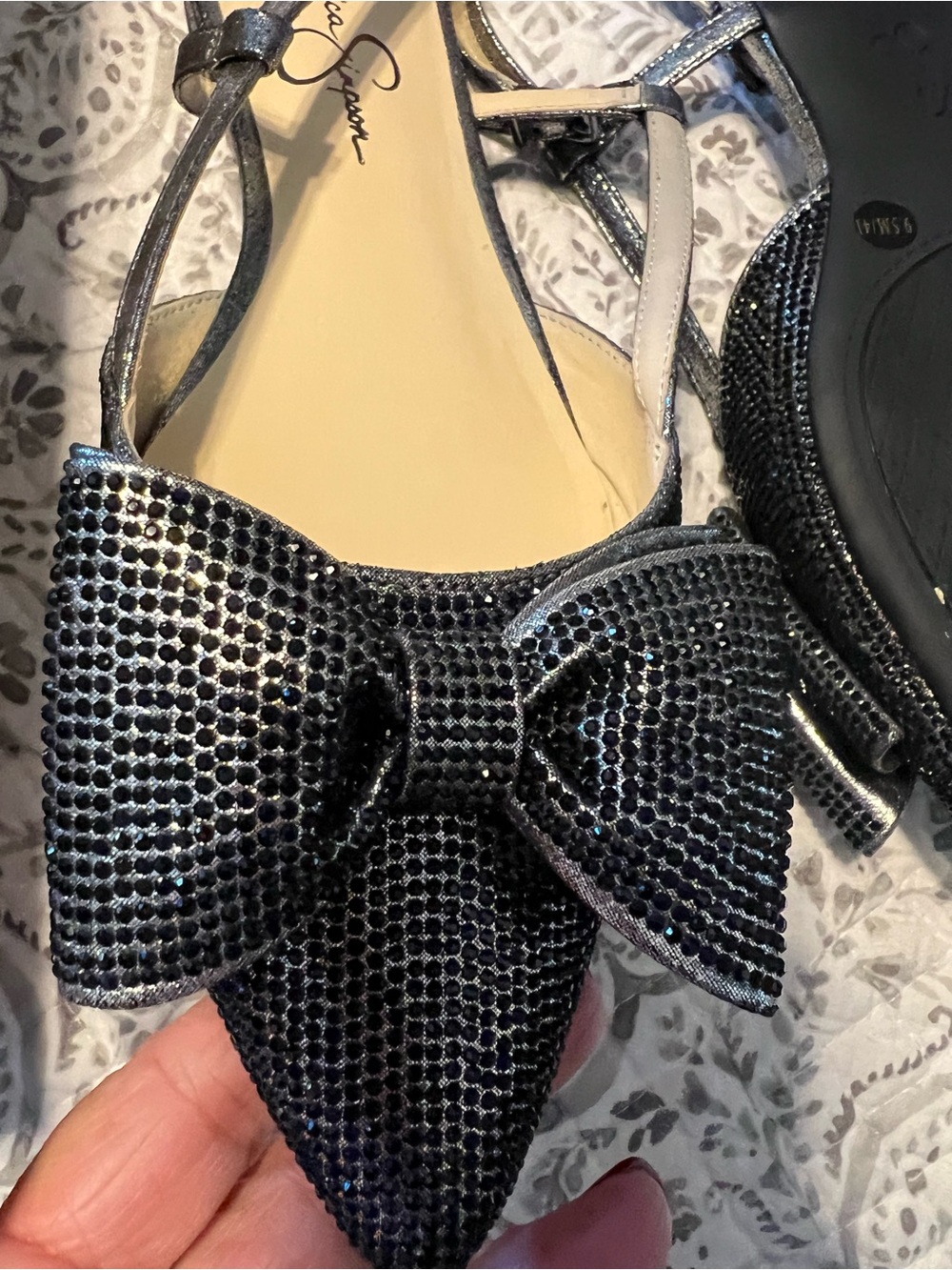 Jessica Simpson Black Rhinestone Bow Pointed Slingback Flats worn once to party